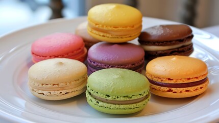 A colorful assortment of macarons on a white plate.