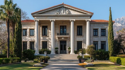 A grand, white, neoclassical mansion with columns and a red tile roof.