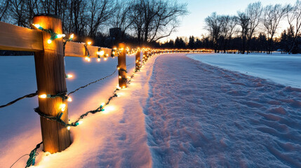 serene winter scene featuring snow covered path illuminated by colorful lights strung along wooden fence. tranquil atmosphere evokes sense of peace and holiday spirit