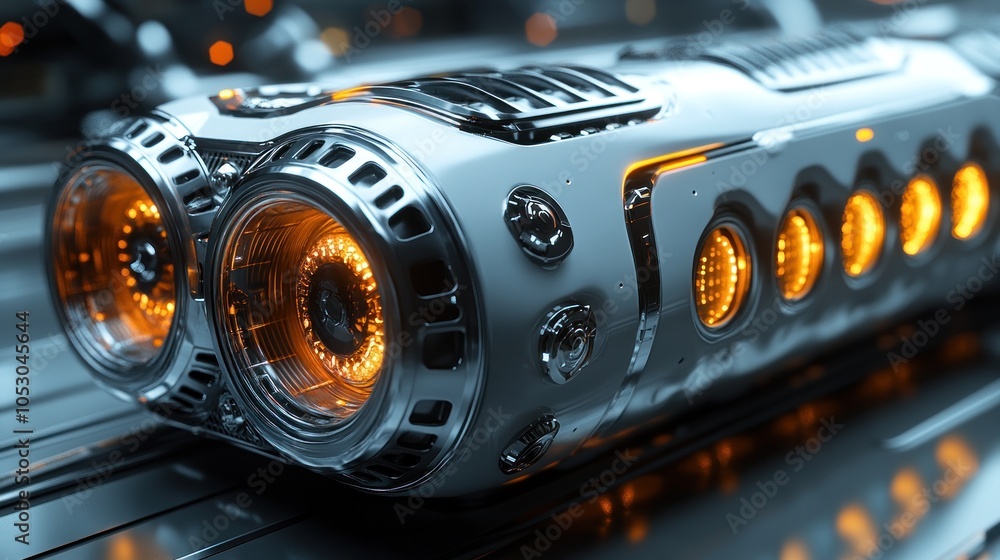 Poster futuristic device with glowing elements and intricate design.