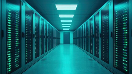 Futuristic data center interior with glowing server racks and illuminated ceiling.