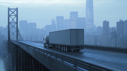 Fototapeta premium A truck crosses a foggy bridge, surrounded by a city skyline shrouded in mist, creating a serene, atmospheric scene.