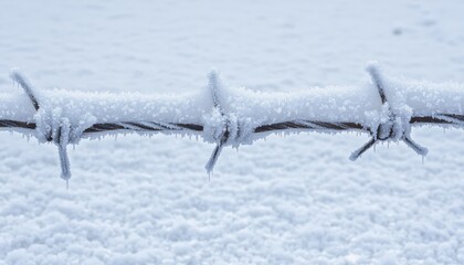A close-up of a frost-covered barbed wire fence against a snowy background, highlighting the beauty of winter's chill.