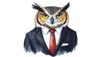 Fototapeta premium Owl in Suit Watercolor Illustration Bird in Formal Wear