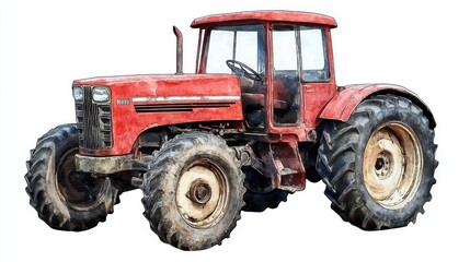 Obraz premium Red Tractor Watercolor Illustration Farming Equipment Agriculture Machine