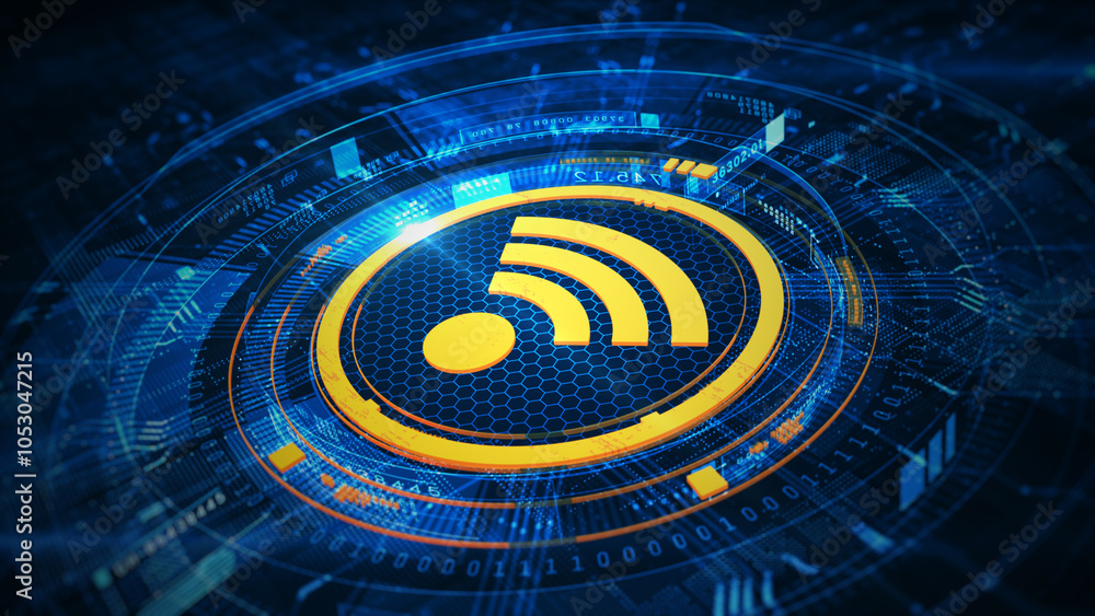 Aufkleber futuristic wireless technology symbol in glowing yellow on a blue hexagonal grid. ideal for showcasi