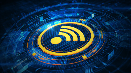 Futuristic wireless technology symbol in glowing yellow on a blue hexagonal grid. Ideal for...