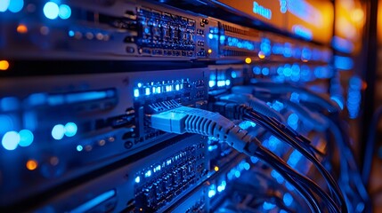 Naklejka premium Network engineering team maintaining servers, LED lights, high quality, macro lens, DSLR, 16:9