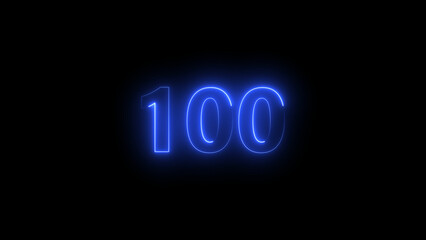 Abstract neon countdown 100 number neon glowing royal blue color 4k illustration. black background 4k illustration.