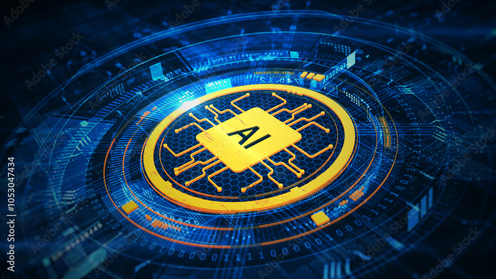 Poster ai chip at the center of a digital interface, symbolizes cutting-edge artificial intelligence, machi