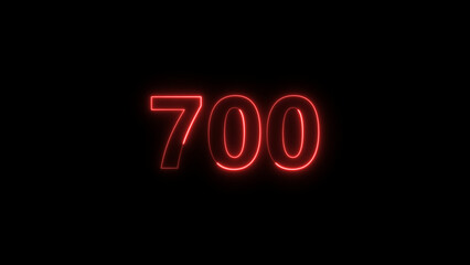 Abstract neon countdown 700 number neon glowing red color 4k illustration. Black background 4k illustration.