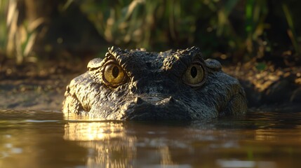 Obraz premium Siamese Crocodile near a riverbank, partially submerged with intense, focused eyes.