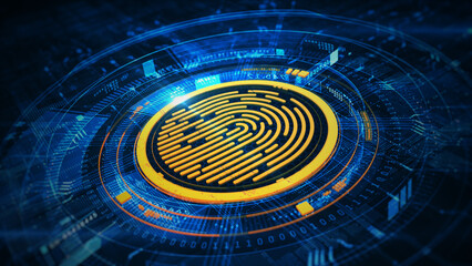 Digital fingerprints with futuristic interface, representing biometric security, data encryption,...