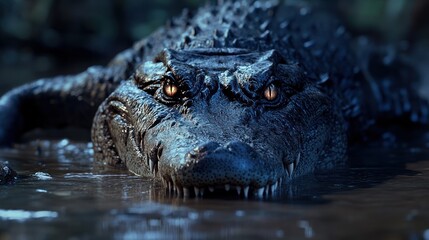 Obraz premium Siamese Crocodile near a riverbank, partially submerged with intense, focused eyes.