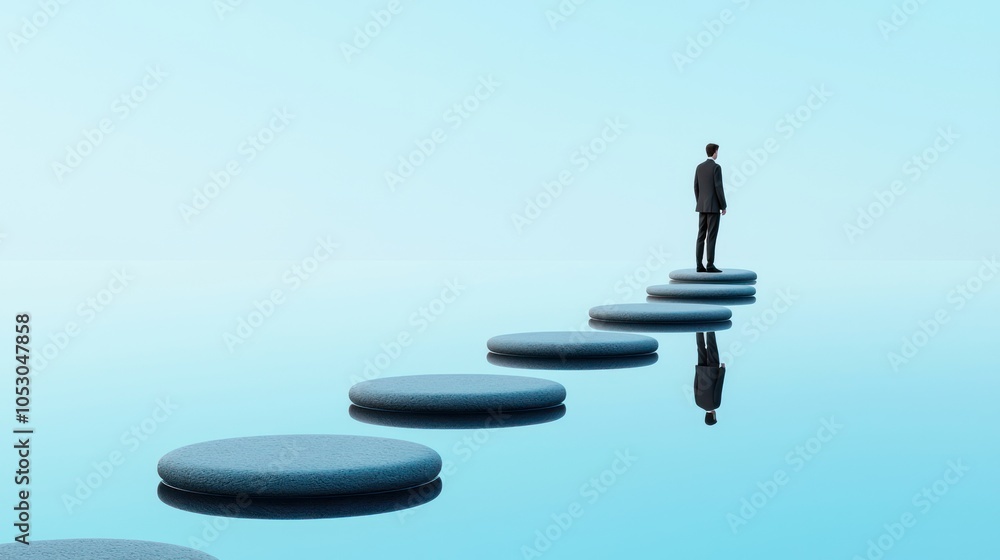 Poster business leader on floating path navigating success in an ethereal landscape