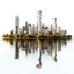 Obraz premium A modern skyline reflected in calm waters, surrounded by green trees, showcasing urban architecture.