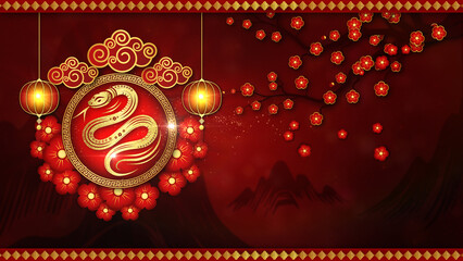 Beautiful red and gold Chinese zodiac snake symbol with lanterns, surrounded by cherry blossoms on...