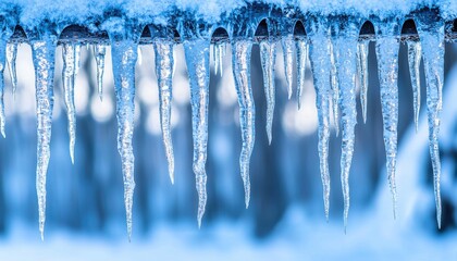 A close-up view of icicles hanging from a roof, showcasing their delicate shapes and the icy environment.