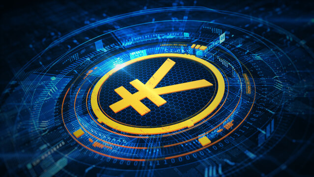 Yen symbol in a high-tech blue and orange digital interface, symbolizes cryptocurrency, digital transactions, and modern financial technology. Business financial investment concept. 3D Rendering
