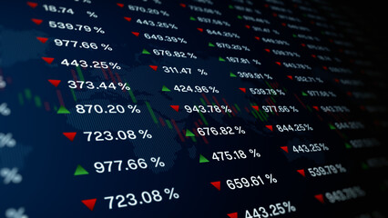 Global stock market data with percentage changes, green and red arrows indicating market trends, overlaid world map background symbolizing global finance. 3D Rendering