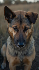 German Shepherd Sitting Outdoors with Focused Look, Calm and Alert