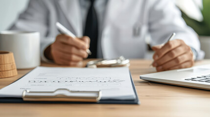 Obraz premium dentist in white coat is reviewing dental charts and X rays on wooden desk, showcasing professional environment. focus is on tools and documents, emphasizing importance of dental care