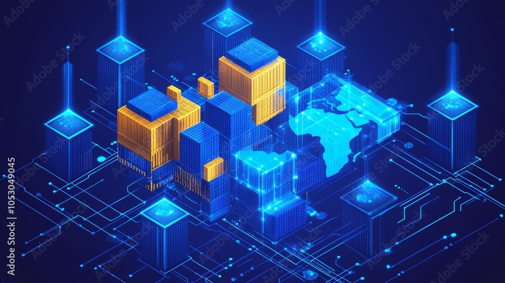 Poster global network with container towers and circuit board