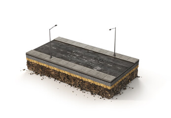 pieces of road. Can see road structure. 3d illustration