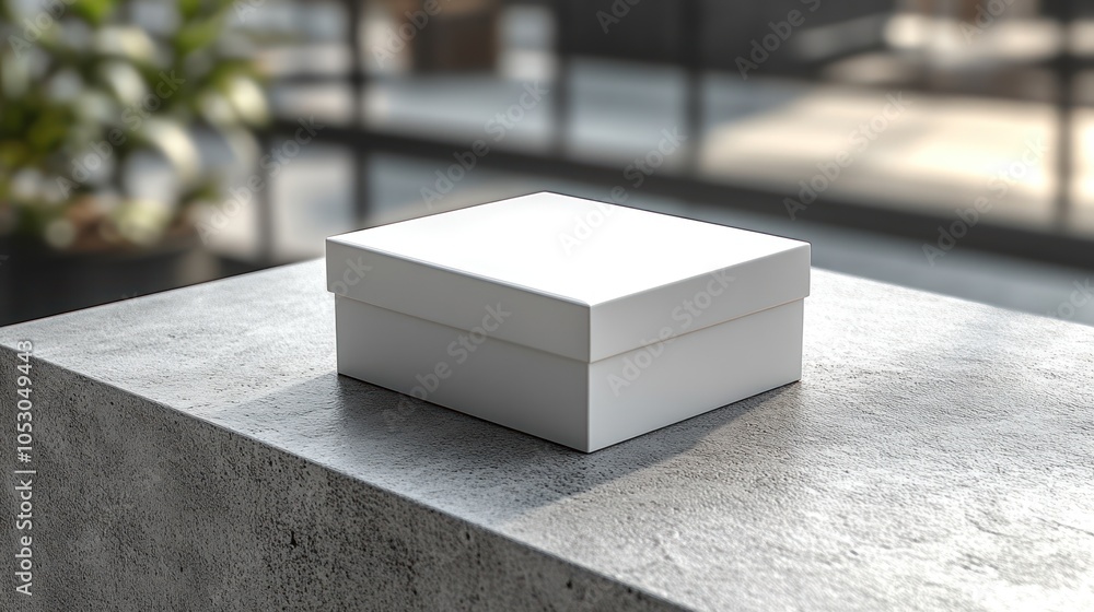 Poster a simple white box on a concrete surface in a modern setting.