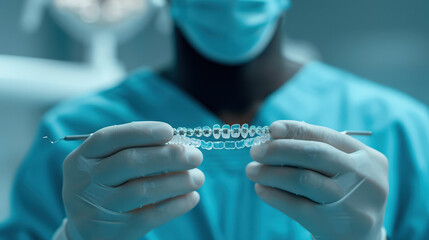 dental professional in blue surgical gown and gloves is carefully holding set of clear orthodontic aligners, showcasing precision and attention to detail in orthodontic care