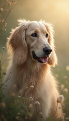 Obraz premium Golden Retriever Standing in Field with Gentle Expression, Soft Light