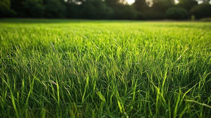 Obraz premium Sunlit Meadow - Green grass under the soft light of morning sun