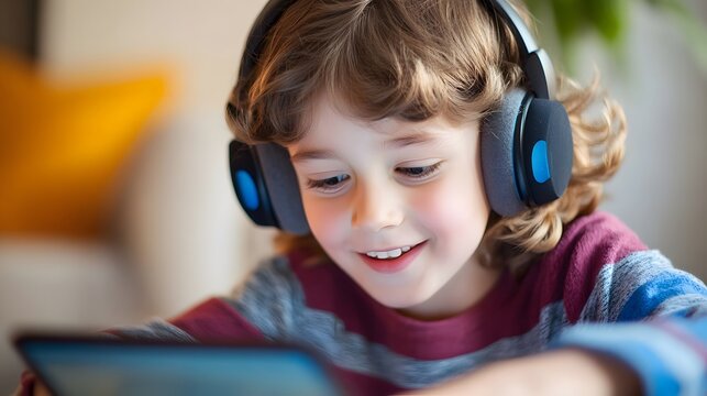 Young child using a language-learning AI app with voice recognition on a tablet at home, with fun graphics and a comfortable learning atmosphere