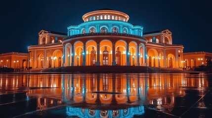 Fototapeta premium Illuminated Classical Building Reflected in Puddles After Rain