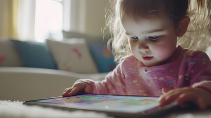 Young child using an AI-powered reading app on a tablet at home, with colorful animations and audio narrations
