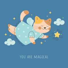 Fairy tale cat with a magic wand greeting card