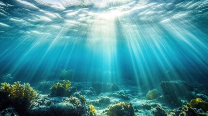 Fototapeta premium Underwater Ocean Scene - Blue ocean with sunlight rays filtering through water
