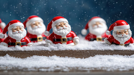 Festive Santa figurines in snow create joyful holiday atmosphere. These cheerful decorations embody spirit of Christmas, bringing warmth and nostalgia to any setting
