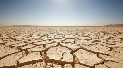Cracked Desert Landscape with Blue Sky and Horizon