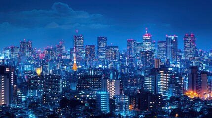 Obraz premium Urban Skyline at Night - A bustling city skyline with glowing lights