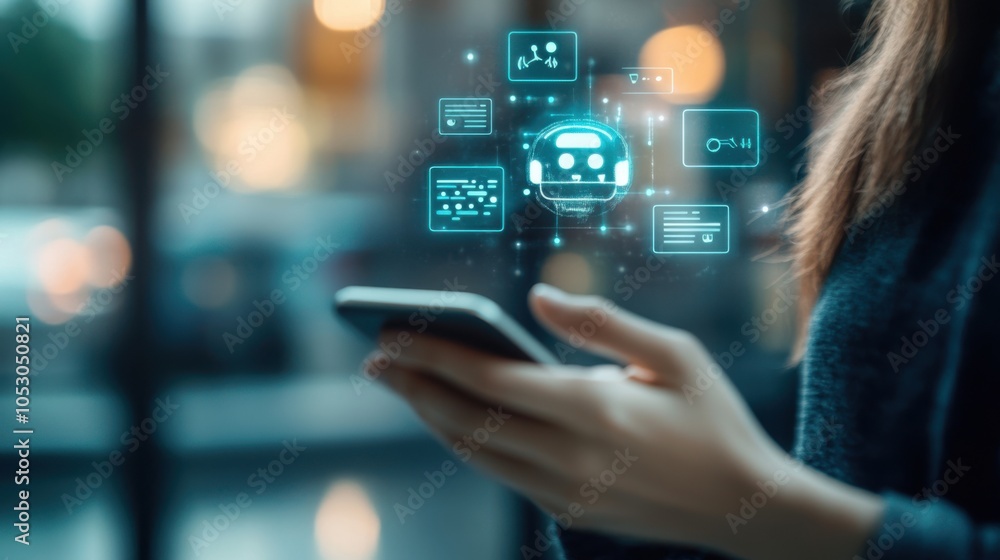 Poster an ai chatbot interface on a mobile phone, with a user engaging in a friendly conversation