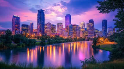 Obraz premium A city skyline at dusk, illuminated with vibrant lights.