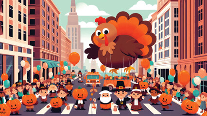 A lively Thanksgiving parade in a city with large balloons shaped like turkeys, pumpkins, and pilgrims. Floats with simple, flat-style characters in costumes move along the street 1