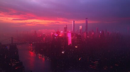 Fototapeta premium A city skyline at dusk, illuminated with vibrant lights.