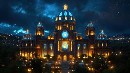 Obraz premium Illuminated Gothic Cathedral under a Starry Night Sky