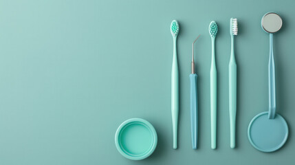 Fototapeta premium Dental tools and toothbrushes arranged neatly on mint green background, showcasing modern dental hygiene equipment. Perfect for promoting oral care and health