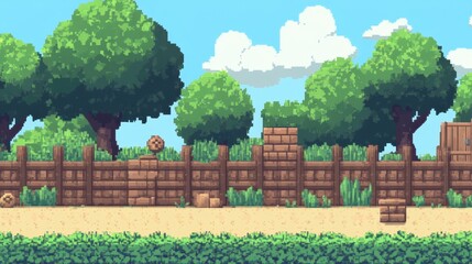 Fototapeta premium Retro-inspired blocky tileset featuring dirt, brick, and wood textures, perfect for classic 8-bit game environments