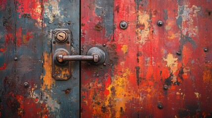 Rusted metal door, peeling paint, urban decay, textured weathered patterns. AI generated