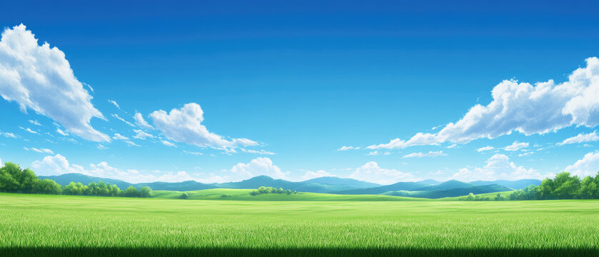 Green grass field with blue sky, white clouds and distant hills in anime style background