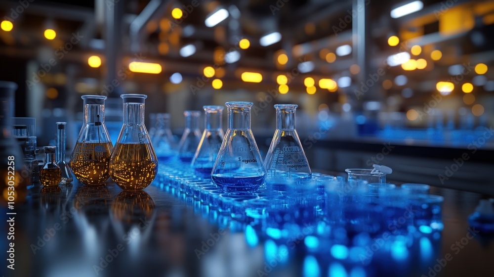 Poster laboratory scene with colorful liquids in glassware for experimentation.